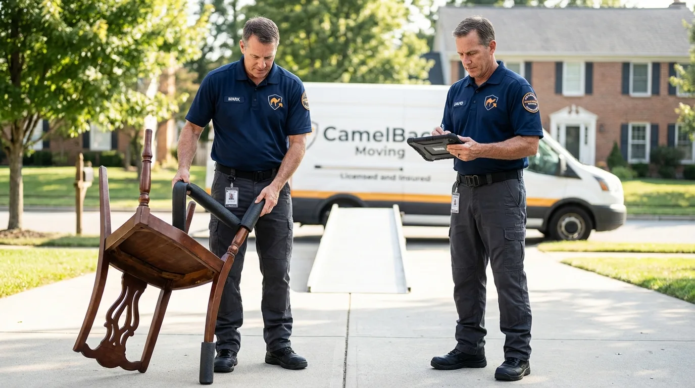 Movers inspecting furniture for damage prevention before loading in Twentynine Palms, CA